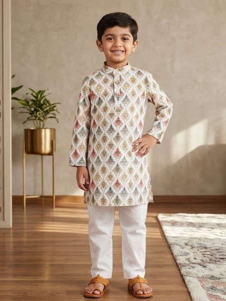 Artistic White Festive Wear Printed Kids Kurta at Manufacturer Price Mens Wear