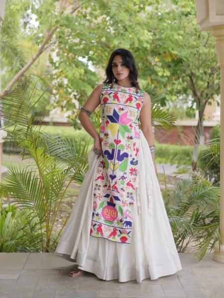 Artistic White Fully Stitched Cora Cotton Lehenga with Gamthi Embroidered Blouse 