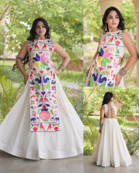 Artistic White Fully Stitched Cora Cotton Lehenga with Gamthi Embroidered Blouse Navratri Lehnega Choli