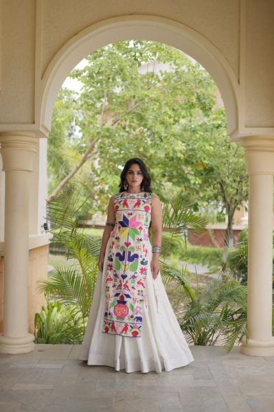 Artistic White Fully Stitched Cora Cotton Lehenga with Gamthi Embroidered Blouse Navratri Lehnega Choli