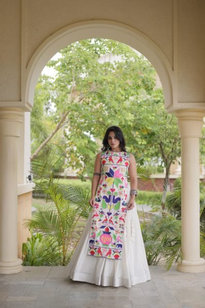 Artistic White Fully Stitched Cora Cotton Lehenga with Gamthi Embroidered Blouse Navratri Lehnega Choli