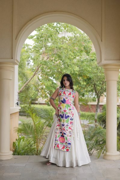 Artistic White Fully Stitched Cora Cotton Lehenga with Gamthi Embroidered Blouse Navratri Lehnega Choli