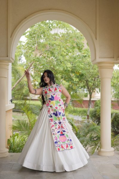 Artistic White Fully Stitched Cora Cotton Lehenga with Gamthi Embroidered Blouse Navratri Lehnega Choli