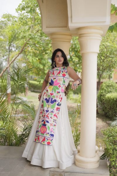 Artistic White Fully Stitched Cora Cotton Lehenga with Gamthi Embroidered Blouse Navratri Lehnega Choli