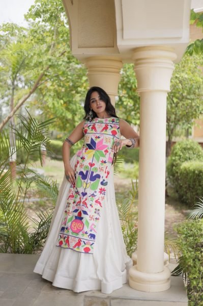 Artistic White Fully Stitched Cora Cotton Lehenga with Gamthi Embroidered Blouse Navratri Lehnega Choli