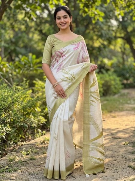 Artistic White Green Tusser Linen Digital Print Saree with Hand Katha Work Sarees 