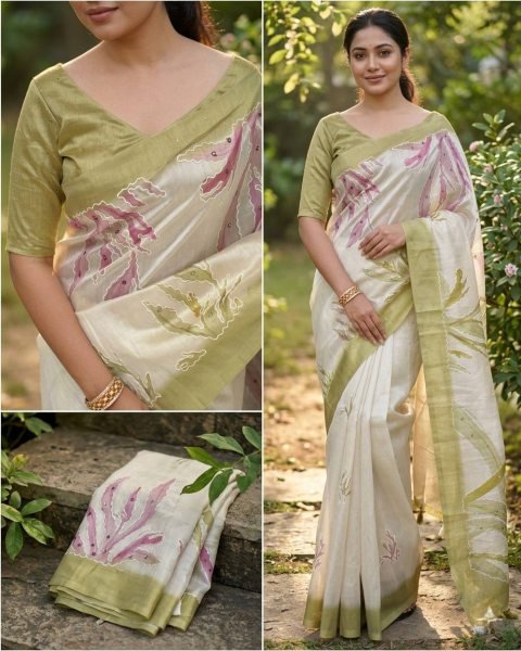 Artistic White Green Tusser Linen Digital Print Saree with Hand Katha Work Linen Sarees Wholesale
