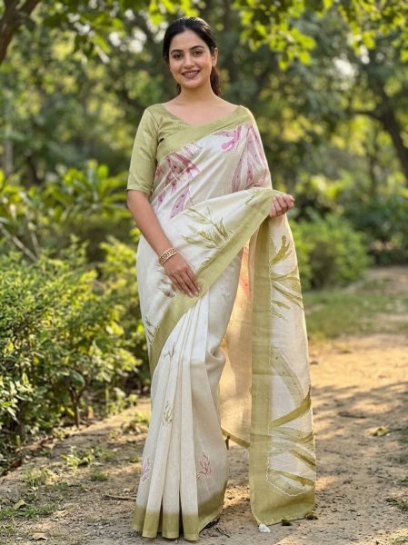 Artistic White Green Tusser Linen Digital Print Saree with Hand Katha Work Linen Sarees Wholesale