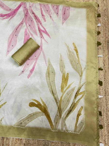 Artistic White Green Tusser Linen Digital Print Saree with Hand Katha Work Linen Sarees Wholesale