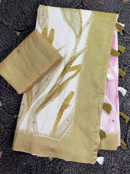 Artistic White Green Tusser Linen Digital Print Saree with Hand Katha Work Linen Sarees Wholesale