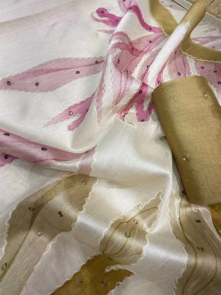 Artistic White Green Tusser Linen Digital Print Saree with Hand Katha Work Linen Sarees Wholesale