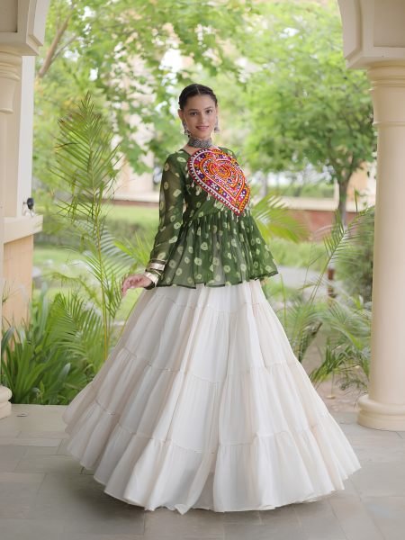Artistic White Kora Cotton Lehenga with Green Bandhani Designer Top at Wholesale   Lehenga