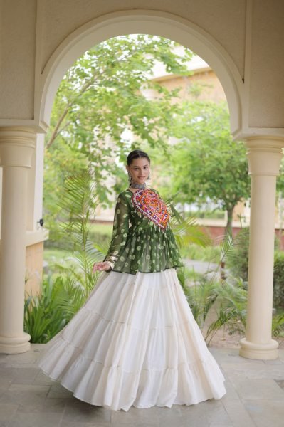Artistic White Kora Cotton Lehenga with Green Bandhani Designer Top at Wholesale  Navratri Lehnega Choli