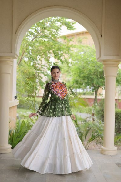 Artistic White Kora Cotton Lehenga with Green Bandhani Designer Top at Wholesale  Navratri Lehnega Choli