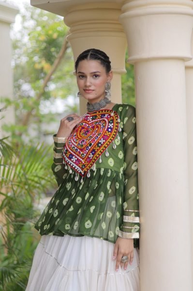 Artistic White Kora Cotton Lehenga with Green Bandhani Designer Top at Wholesale  Navratri Lehnega Choli