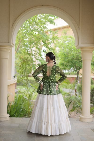 Artistic White Kora Cotton Lehenga with Green Bandhani Designer Top at Wholesale  Navratri Lehnega Choli