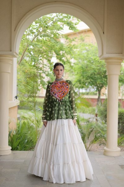 Artistic White Kora Cotton Lehenga with Green Bandhani Designer Top at Wholesale  Navratri Lehnega Choli