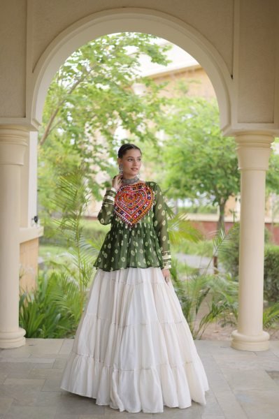 Artistic White Kora Cotton Lehenga with Green Bandhani Designer Top at Wholesale  Navratri Lehnega Choli