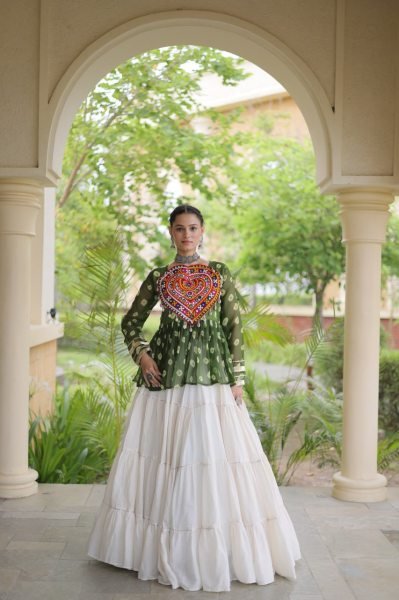 Artistic White Kora Cotton Lehenga with Green Bandhani Designer Top at Wholesale  Navratri Lehnega Choli