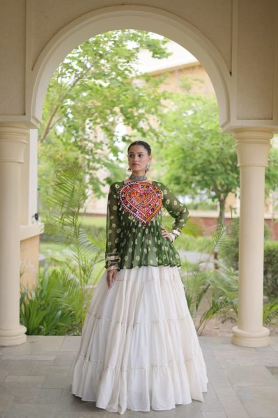 Artistic White Kora Cotton Lehenga with Green Bandhani Designer Top at Wholesale  Navratri Lehnega Choli