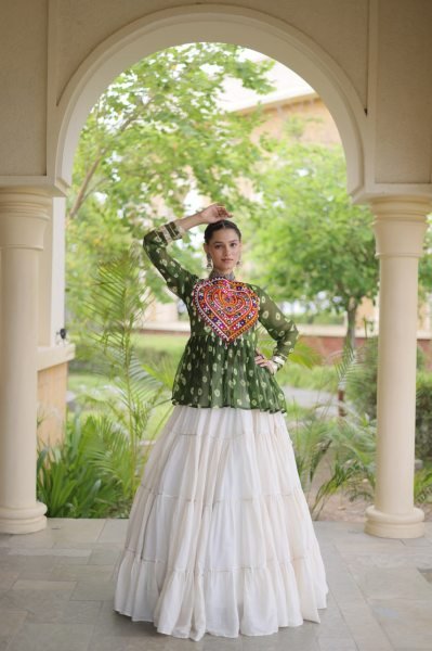 Artistic White Kora Cotton Lehenga with Green Bandhani Designer Top at Wholesale  Navratri Lehnega Choli