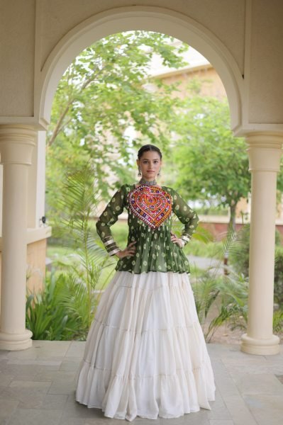 Artistic White Kora Cotton Lehenga with Green Bandhani Designer Top at Wholesale  Navratri Lehnega Choli