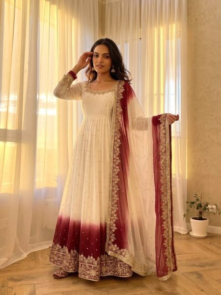 Artistic White Maroon Star Georgette Anarkali Gown with Embroidered Dupatta Ready To Wear Suit