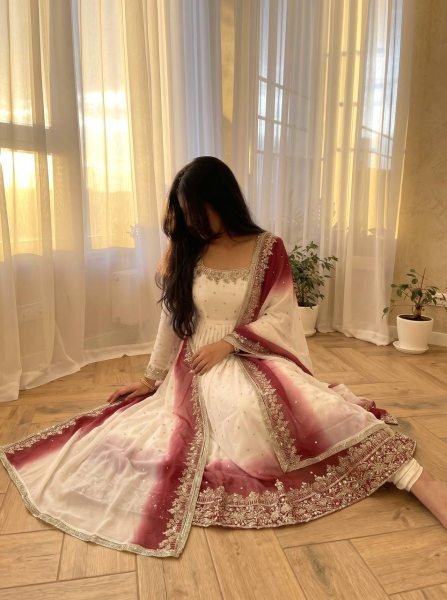 Artistic White Maroon Star Georgette Anarkali Gown with Embroidered Dupatta Ready To Wear Collection