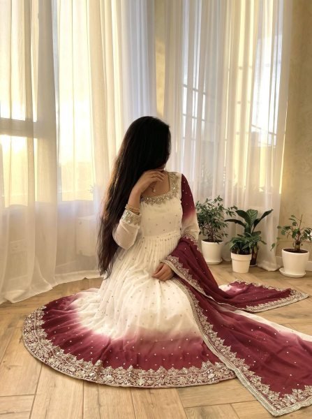 Artistic White Maroon Star Georgette Anarkali Gown with Embroidered Dupatta Ready To Wear Collection