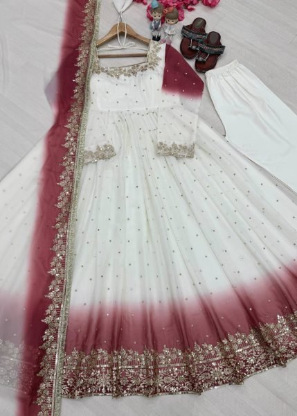 Artistic White Maroon Star Georgette Anarkali Gown with Embroidered Dupatta Ready To Wear Collection