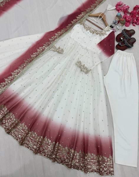 Artistic White Maroon Star Georgette Anarkali Gown with Embroidered Dupatta Ready To Wear Collection