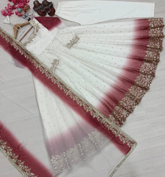 Artistic White Maroon Star Georgette Anarkali Gown with Embroidered Dupatta Ready To Wear Collection