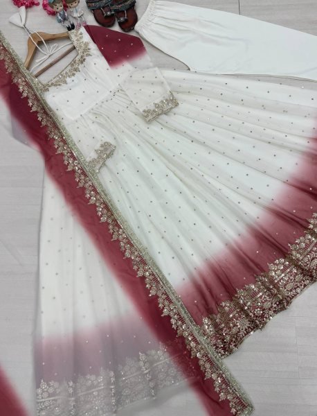 Artistic White Maroon Star Georgette Anarkali Gown with Embroidered Dupatta Ready To Wear Collection