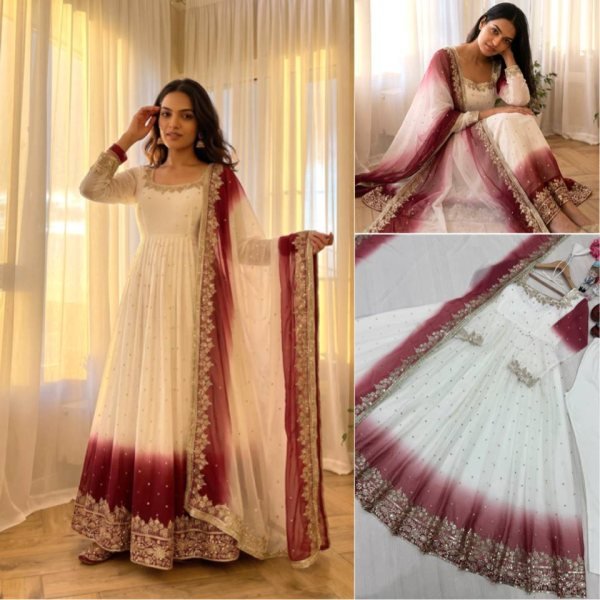 Artistic White Maroon Star Georgette Anarkali Gown with Embroidered Dupatta Ready To Wear Collection