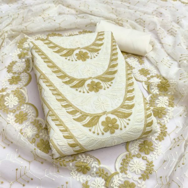 Artistic White Yellow Party Wear Georgette Suit Set with Heavy Multi Siffly Work For Festival Color Set Matching Dress Material Wholesale