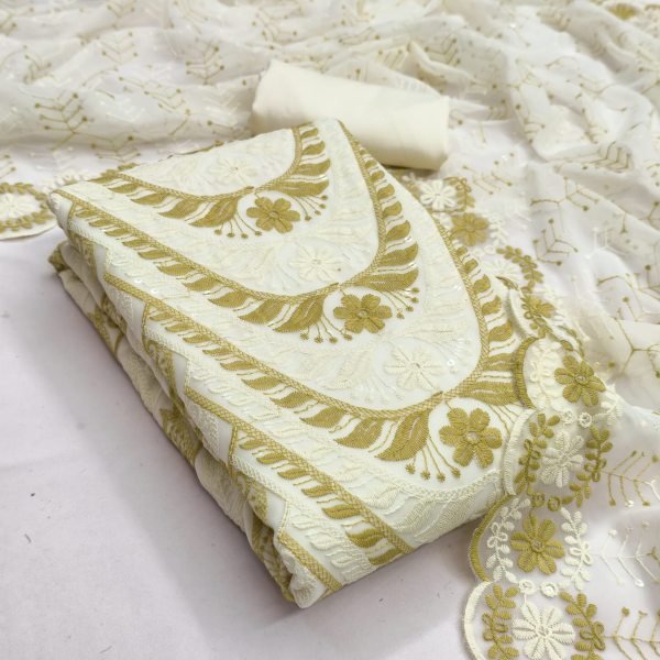 Artistic White Yellow Party Wear Georgette Suit Set with Heavy Multi Siffly Work For Festival Color Set Matching Dress Material Wholesale