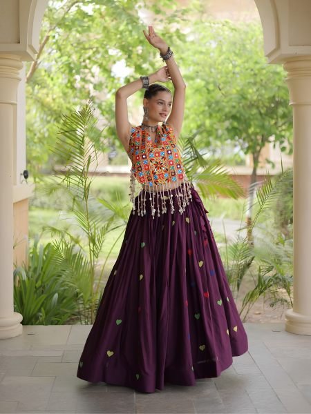 Artistic Wine Cora Cotton Navratri Lehenga with Gamthi Mirror Blouse For Reseller  Lehenga