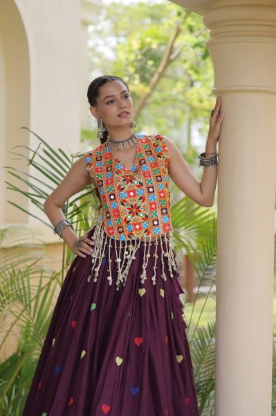 Artistic Wine Cora Cotton Navratri Lehenga with Gamthi Mirror Blouse For Reseller Navratri Lehnega Choli