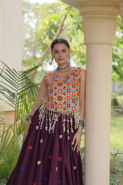 Artistic Wine Cora Cotton Navratri Lehenga with Gamthi Mirror Blouse For Reseller Navratri Lehnega Choli