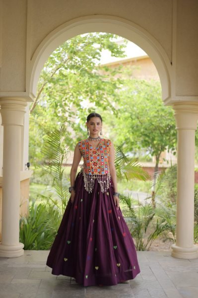 Artistic Wine Cora Cotton Navratri Lehenga with Gamthi Mirror Blouse For Reseller Navratri Lehnega Choli
