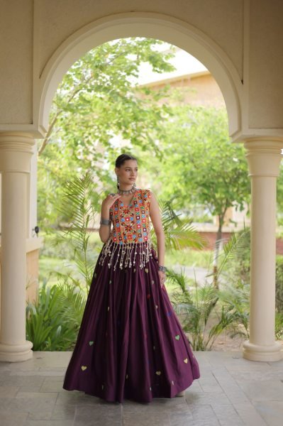 Artistic Wine Cora Cotton Navratri Lehenga with Gamthi Mirror Blouse For Reseller Navratri Lehnega Choli