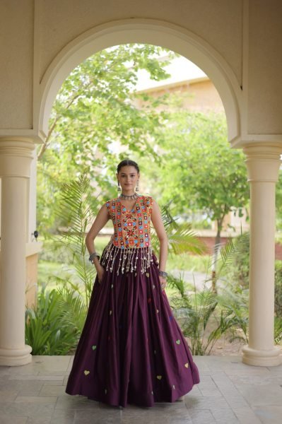 Artistic Wine Cora Cotton Navratri Lehenga with Gamthi Mirror Blouse For Reseller Navratri Lehnega Choli