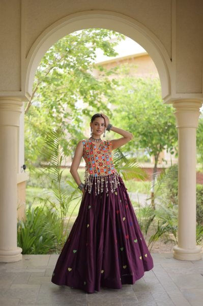 Artistic Wine Cora Cotton Navratri Lehenga with Gamthi Mirror Blouse For Reseller Navratri Lehnega Choli