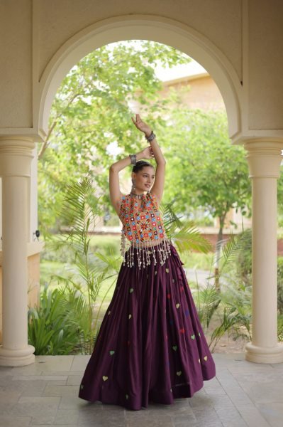 Artistic Wine Cora Cotton Navratri Lehenga with Gamthi Mirror Blouse For Reseller Navratri Lehnega Choli