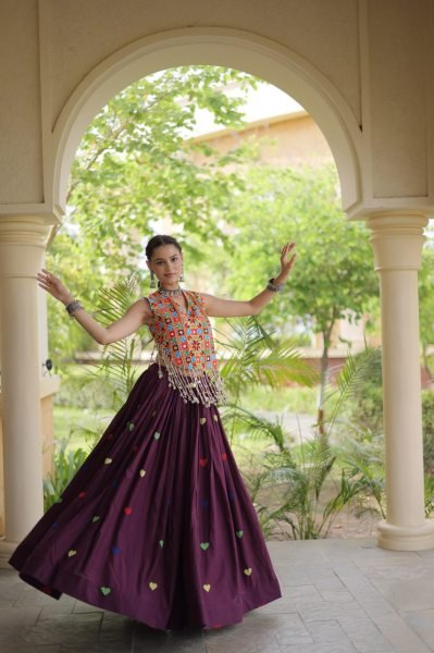Artistic Wine Cora Cotton Navratri Lehenga with Gamthi Mirror Blouse For Reseller Navratri Lehnega Choli