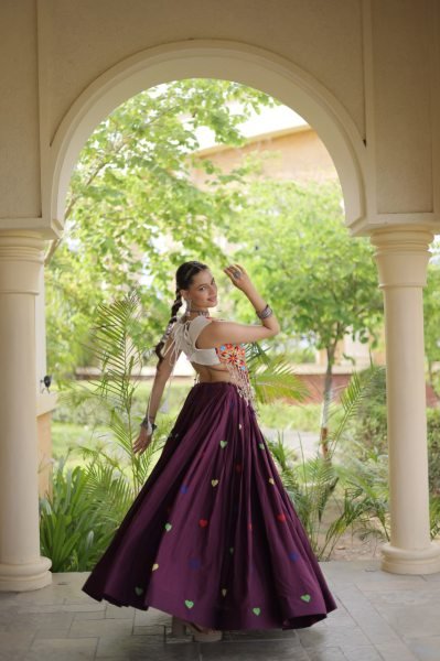 Artistic Wine Cora Cotton Navratri Lehenga with Gamthi Mirror Blouse For Reseller Navratri Lehnega Choli
