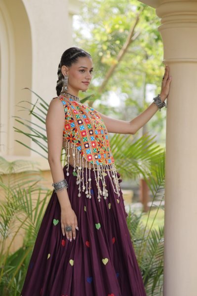 Artistic Wine Cora Cotton Navratri Lehenga with Gamthi Mirror Blouse For Reseller Navratri Lehnega Choli