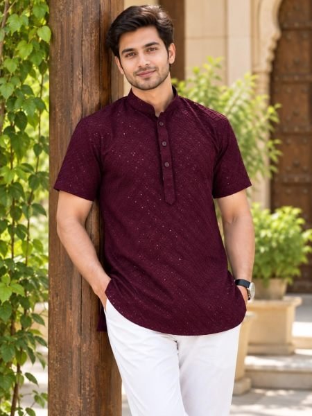 Artistic Wine Rayon Short Kurta with Both-Side Chikankari Work Mens Wear