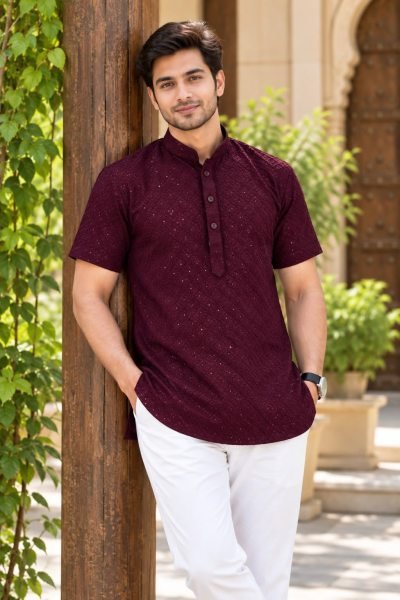 Artistic Wine Rayon Short Kurta with Both-Side Chikankari Work Kurta Pajama Wholesale