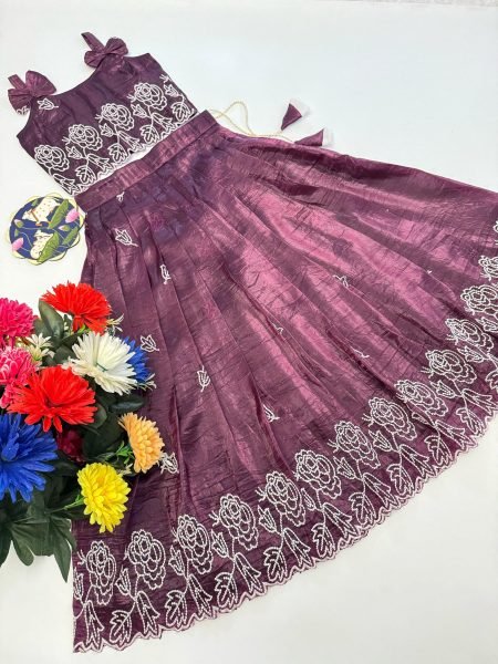 Artistic Wine Stylish Girls Lehenga with Resham Work for Festive Occasions Girls Wear